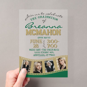 Invitations En Acrylique Filmstrip de fin d'études en photo vert et or givr
