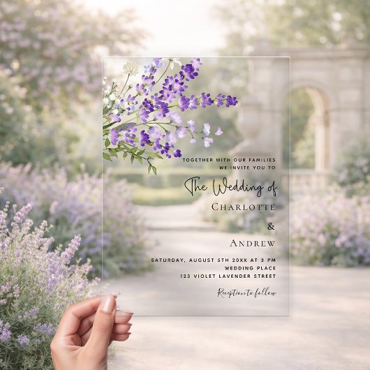 Invitations En Acrylique Fils de lavande violet clair mariage