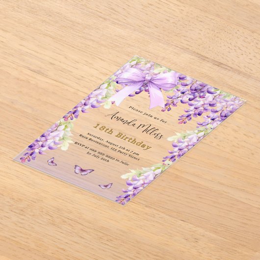 Invitations En Acrylique Fils mauve de bactéries papillon anniversaire (Poser)