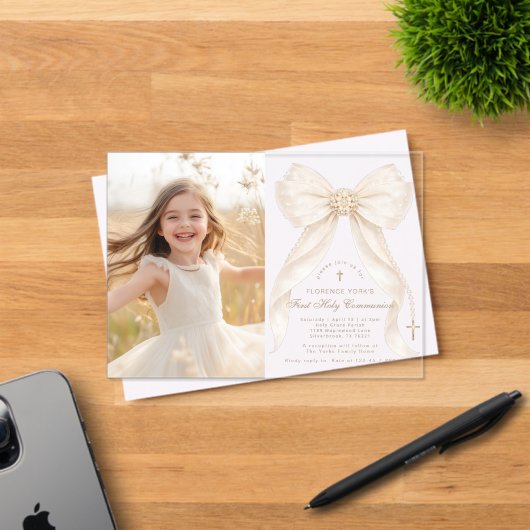 Invitations En Acrylique First Holy Communion Ivory Bow Pearls Photo (Insitu (Carte d'invitation))