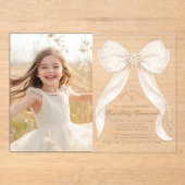 Invitations En Acrylique First Holy Communion Ivory Bow Pearls Photo (Recto)
