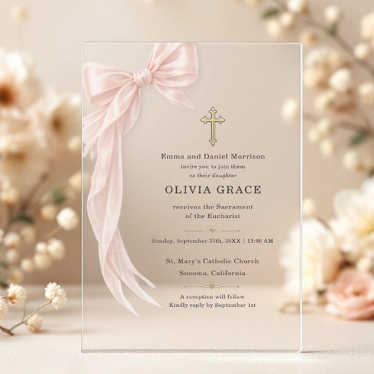 Invitations En Acrylique First Holy Communion Pink Coquette Bow Girl