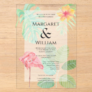 Invitations En Acrylique Flamant rose, feuilles tropicales et mariage flora