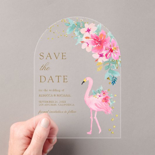 Invitations En Acrylique Flamant rose tropical rose mariage Enregistrer la  (In situ (ordinateur de poche))