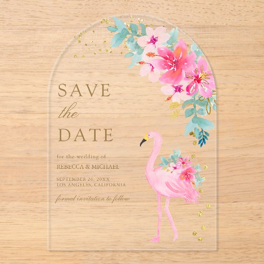Invitations En Acrylique Flamant rose tropical rose mariage Enregistrer la  (Recto)