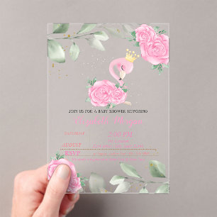 Invitations En Acrylique Flamingo Mignon, Feuilles, Baby Shower Floral