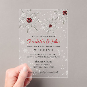 Invitations En Acrylique Flammes de neige rouge argent Mariage d'hiver