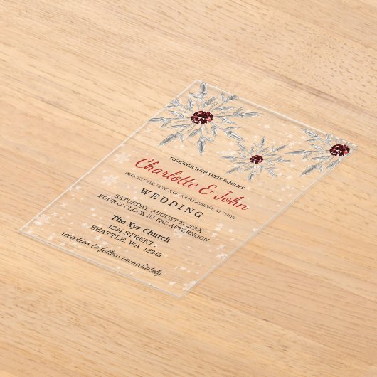 Invitations En Acrylique Flammes de neige rouge argent Mariage d'hiver (Poser)
