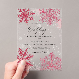 Invitations En Acrylique Flammes de neige rouge rose Mariage d'hiver