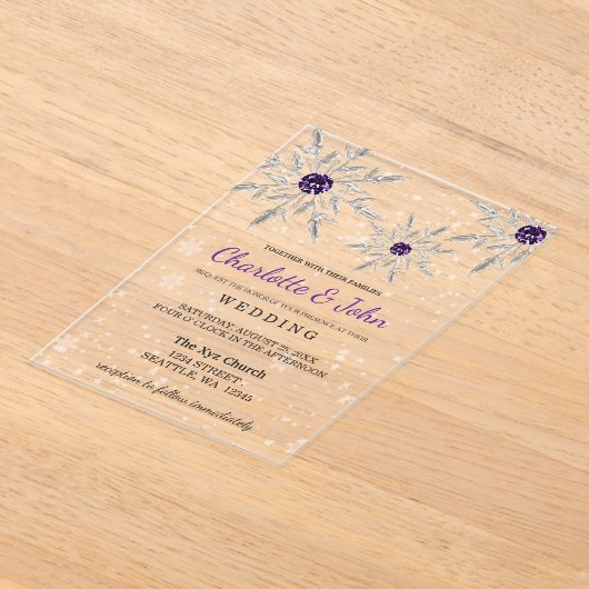 Invitations En Acrylique Flammes de neige violette argentée Mariage d'hiver (Poser)