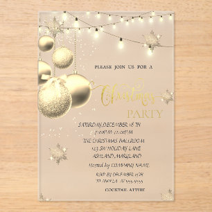 Invitations En Acrylique Flèches de neige en or, Boules, Lumières Bleu Noël