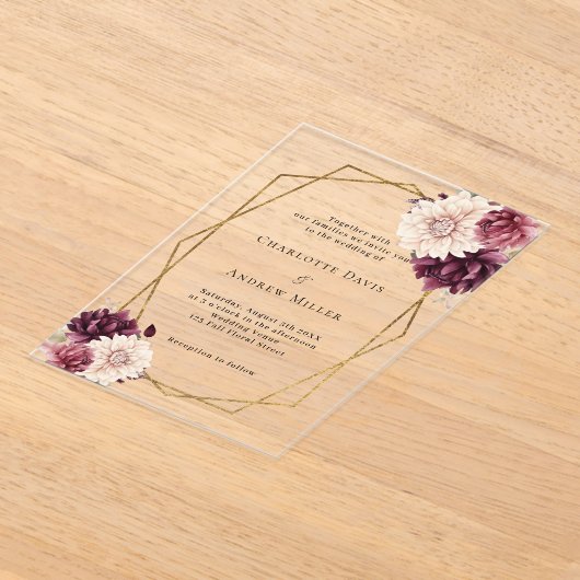 Invitations En Acrylique Fleur beige bordeaux mariage clair géométrique (Poser)
