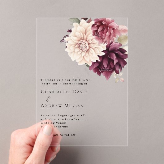 Invitations En Acrylique Fleur beige crème bordeaux mariage clair (In situ (ordinateur de poche))