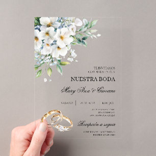 Invitations En Acrylique Fleur blanche avec alliance espagnole Mariage