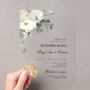 Invitations En Acrylique Fleur blanche avec alliance espagnole Mariage