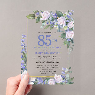 Invitations En Acrylique Fleur Bleu Blanc Or 85e Anniversaire