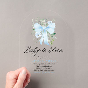 Invitations En Acrylique Fleur de bébé au ruban bleu pour la Baby Shower Fl