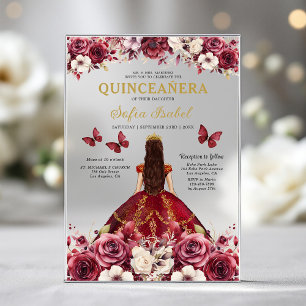 Invitations En Acrylique Fleur de Bourgogne Papillon Princesse Quinceanera