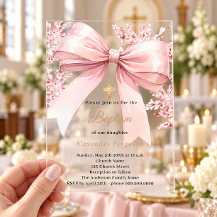Invitations En Acrylique Fleur de fille à ruban rose clair luxe Baptême