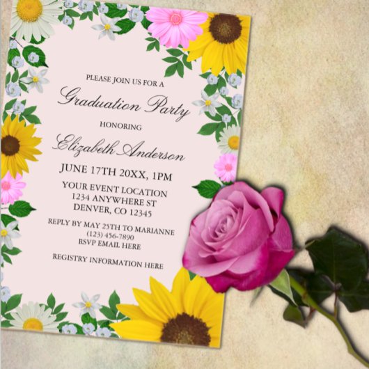 Invitations En Acrylique Fleur de soleil rustique Daisy Floral Graduation P