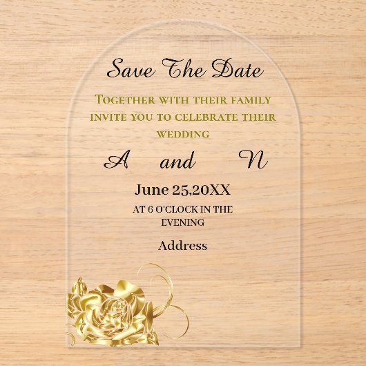 Invitations En Acrylique fleur d'or Enregistrer la date (Recto)