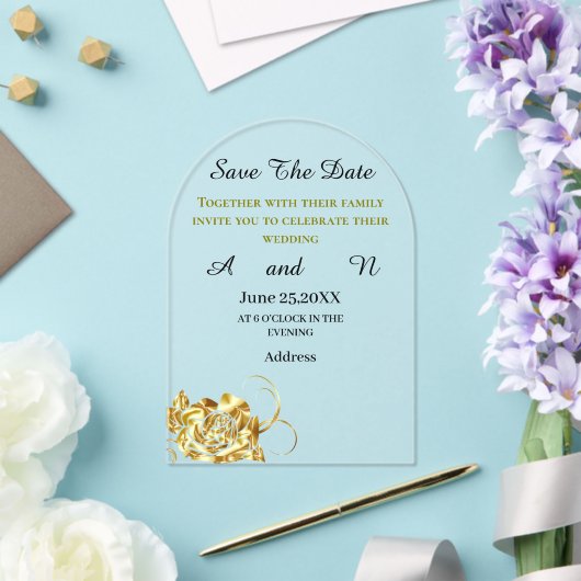 Invitations En Acrylique fleur d'or Enregistrer la date (Insitu (Mariage))