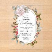 Invitations En Acrylique Fleur féminine Décembre 100e fête d'anniversaire (Recto)