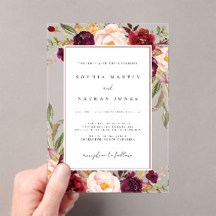 Invitations En Acrylique Fleur Feuille Bourgogne Vert Moderne Clair Mariage