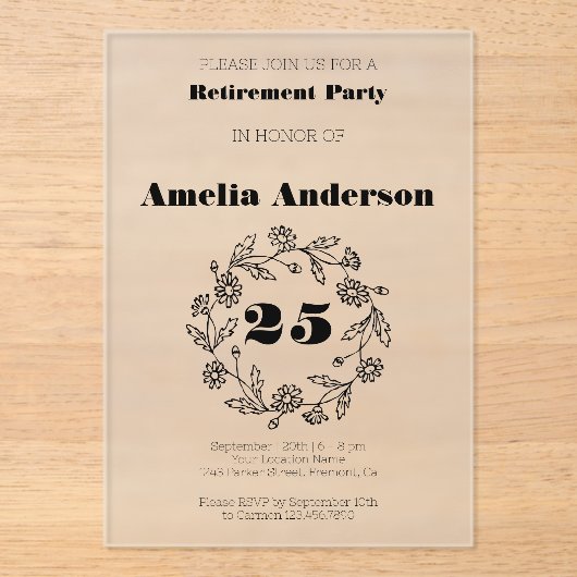 Invitations En Acrylique Fleur noire moderne de retraite (Recto)