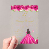 Invitations En Acrylique Fleur rose chaud foncé Peau foncée Princesse Anniv (In situ (ordinateur de poche))