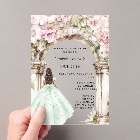 Invitations En Acrylique Fleur rose vert arche robe claire Sweet 16 (In situ (ordinateur de poche))