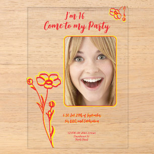 Invitations En Acrylique Fleur rouge et jaune heureuse et lumineuse 16e ann