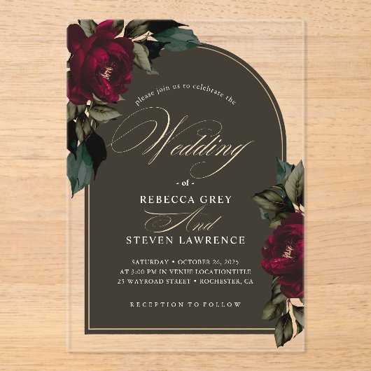 Invitations En Acrylique Fleur rouge rouge foncé moody chic mariage (Recto)