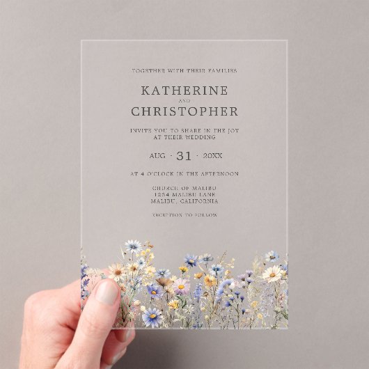 Invitations En Acrylique Fleur sauvage aquarelle Elegant Dusty Blue Mariage (In situ (ordinateur de poche))