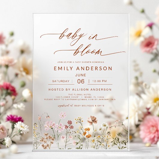 Invitations En Acrylique Fleur sauvage Baby in Bloom Baby shower Terracotta