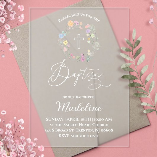 Invitations En Acrylique fleur sauvage | Baptême petite fille