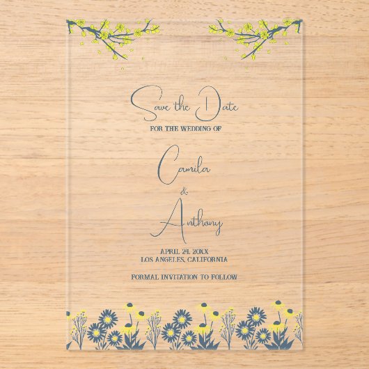 Invitations En Acrylique Fleur sauvage bleu jaune Floral Boho Mariage (Recto)