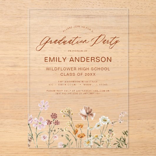 Invitations En Acrylique Fleur sauvage Bloom Graduation Party Photo (Recto)
