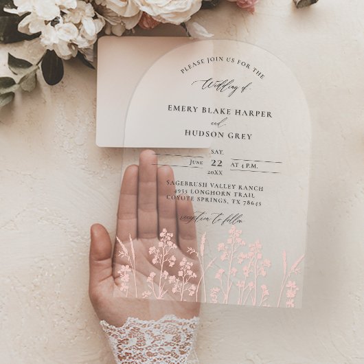 Invitations En Acrylique Fleur sauvage Blush rose moderne Arche Mariage cla