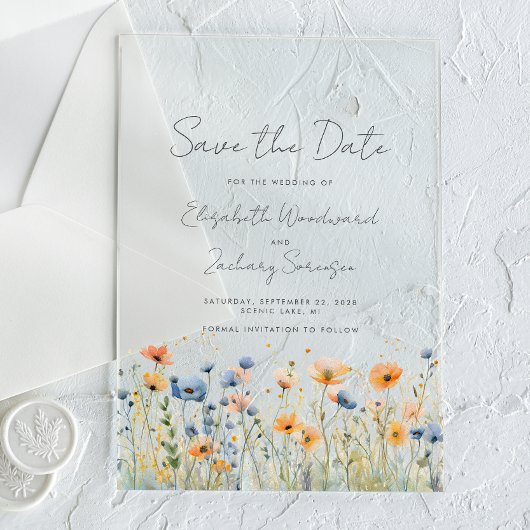 Invitations En Acrylique Fleur sauvage Boho BordMariage bleu orange