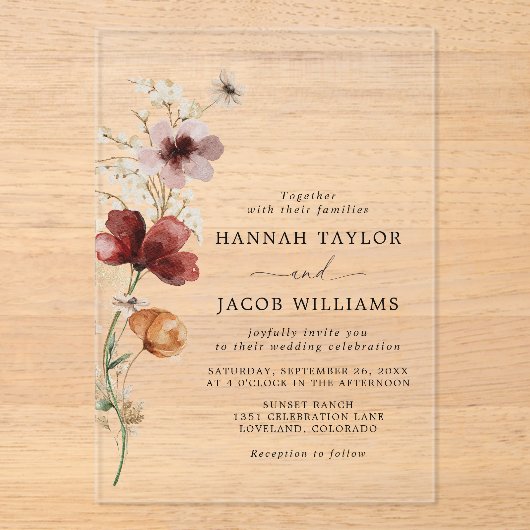 Invitations En Acrylique Fleur sauvage Boho Mariage de automne (Recto)