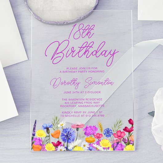 Invitations En Acrylique fleur sauvage Boho violet 18e anniversaire