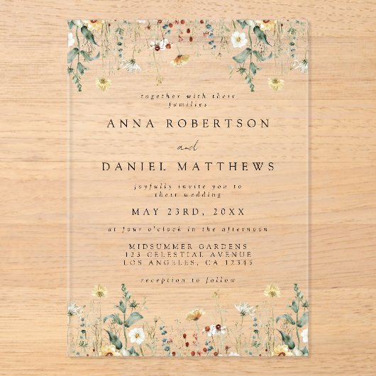 Invitations En Acrylique Fleur sauvage d'été Mariage de terrain (Recto)
