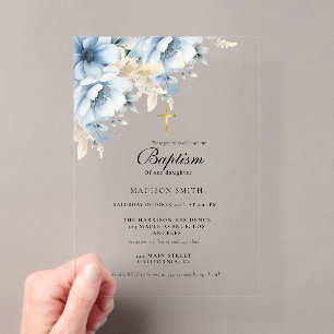 Invitations En Acrylique Fleur sauvage dorée bleu poussiéreux Premier saint