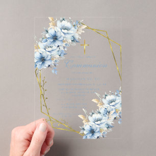 Invitations En Acrylique Fleur sauvage dorée bleu poussiéreux Première Sain