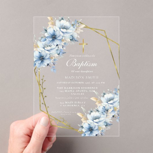 Invitations En Acrylique Fleur sauvage élégant Dusty Blue Garden Baptême (In situ (ordinateur de poche))