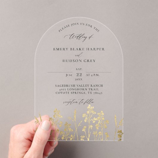 Invitations En Acrylique Fleur sauvage Faux Gold Patina Arch Mariage clair (In situ (ordinateur de poche))