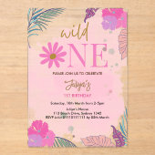 Invitations En Acrylique Fleur sauvage fille en feuille tropicale 1er anniv (Recto)