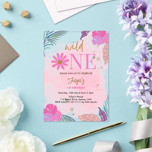 Invitations En Acrylique Fleur sauvage fille en feuille tropicale 1er anniv (Insitu (Mariage))