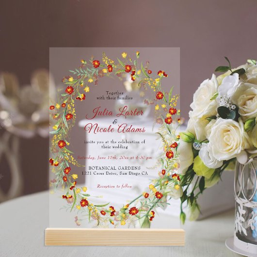 Invitations En Acrylique Fleur sauvage Jaune Marigold Mariage de feuillage